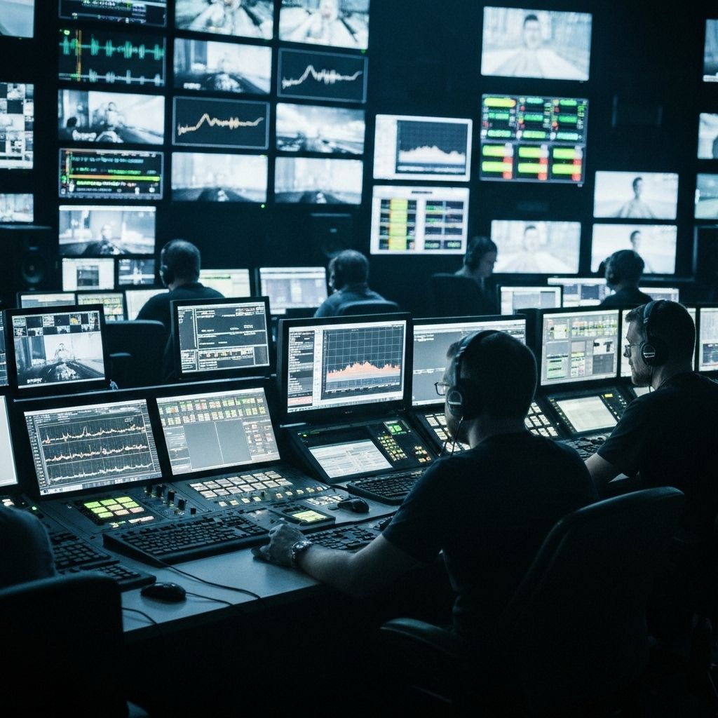 Monitores de estúdio e waveform em um ambiente de controle